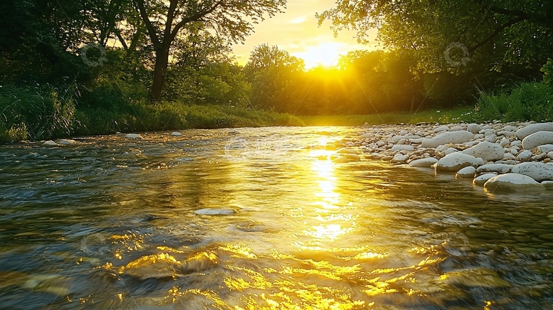 高清大图下载【趣麦麦图】金色阳光下的河流