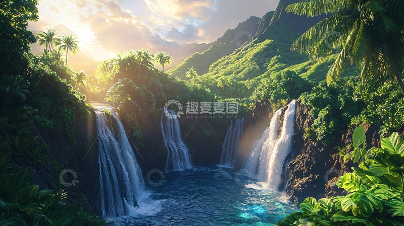 高清大图下载【趣麦麦图】热带雨林瀑布景观
