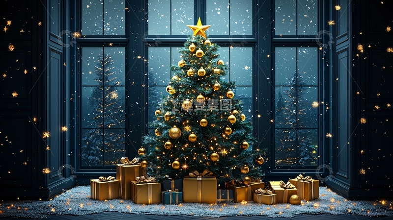 高清大图下载【趣麦麦图】窗边金色圣诞树