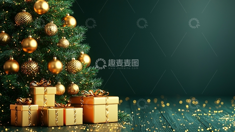高清大图下载【趣麦麦图】金色圣诞树礼物
