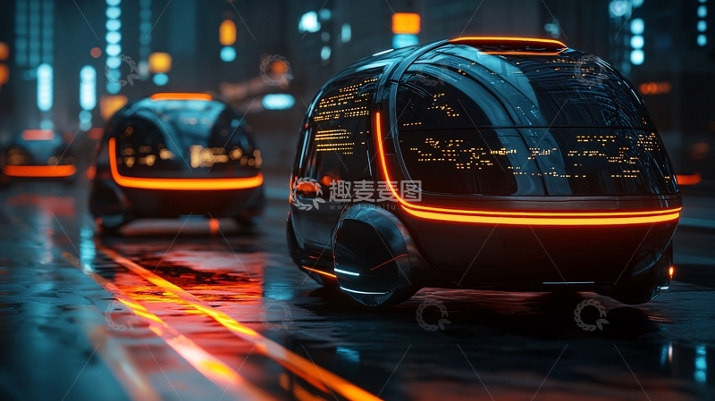 高清大图下载【趣麦麦图】未来城市夜晚的无人驾驶车辆