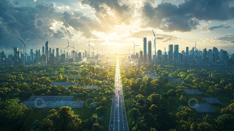 高清大图下载【趣麦麦图】城市天际线日出绿色