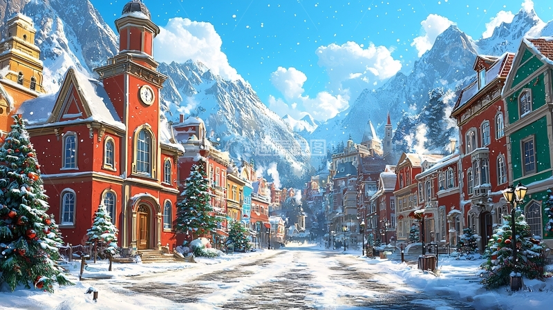 高清大图下载【趣麦麦图】雪山小镇冬季景色