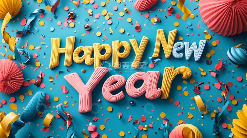 高清大图下载【趣麦麦图】新年快乐彩带气球
