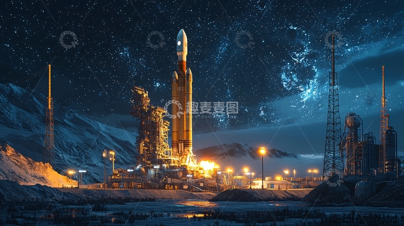 高清大图下载【趣麦麦图】夜空下巨型火箭发射场景
