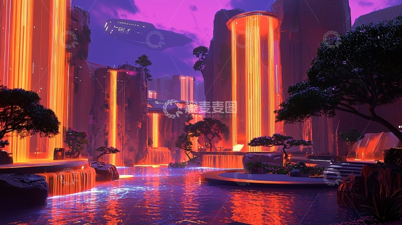 高清大图下载【趣麦麦图】紫色天空下的熔岩瀑布