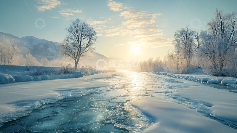 高清大图下载【趣麦麦图】冬日河流冰雪清晨阳光