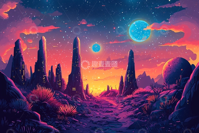 高清大图下载【趣麦麦图】奇幻星球日落景色