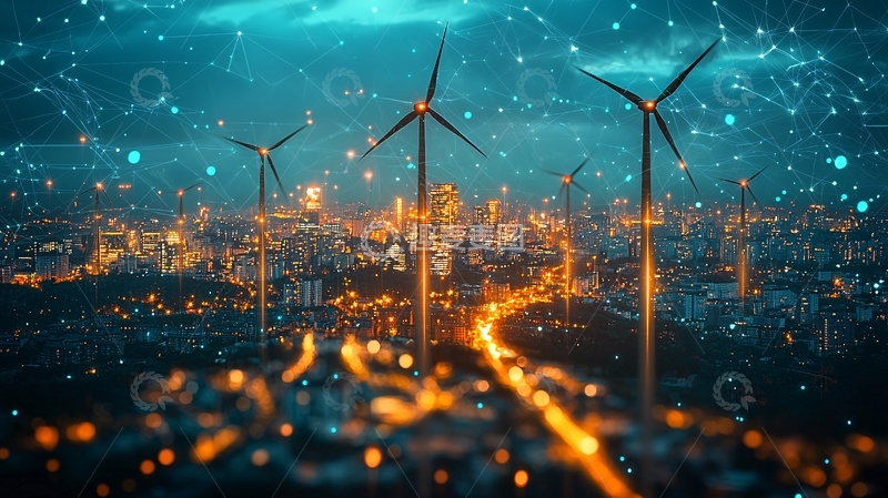 高清大图下载【趣麦麦图】夜幕下的城市风力发电