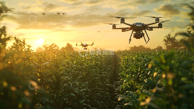高清大图下载【趣麦麦图】日落时分农田上空无人机作业