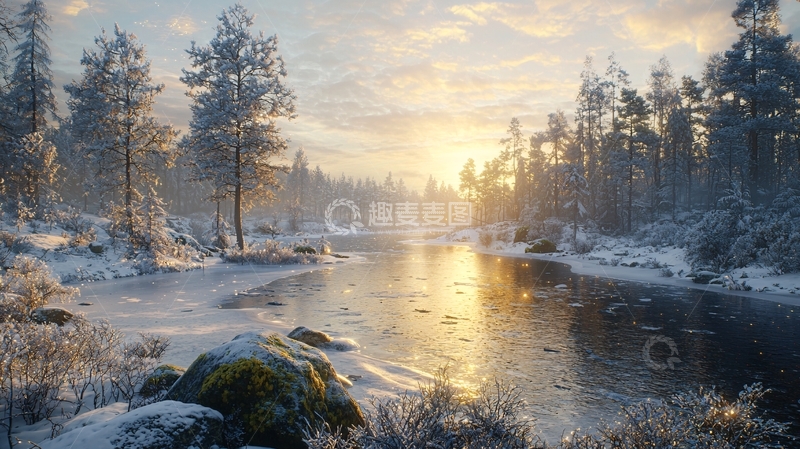 高清大图下载【趣麦麦图】冬日阳光下的冰雪河流