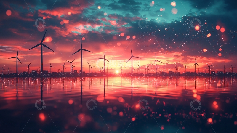 高清大图下载【趣麦麦图】红色日落风力发电