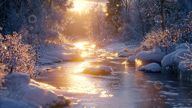 高清大图下载【趣麦麦图】雪地河流日出光芒