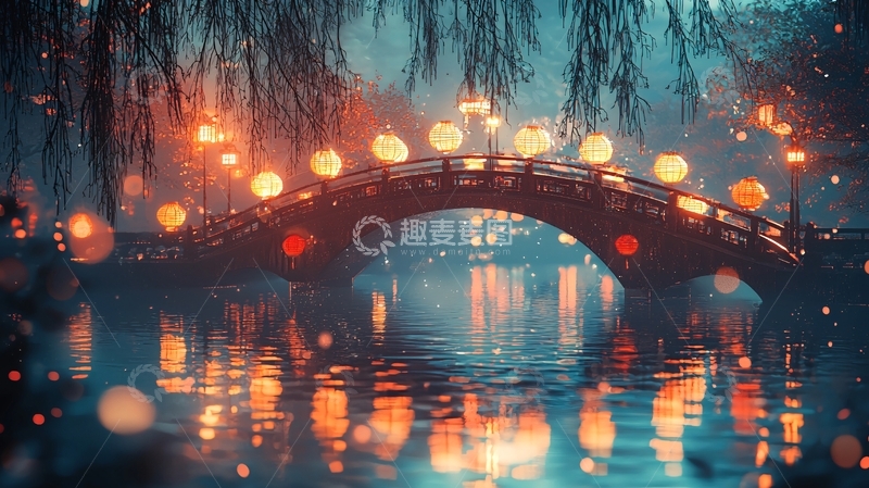 高清大图下载【趣麦麦图】梦幻古桥夜景