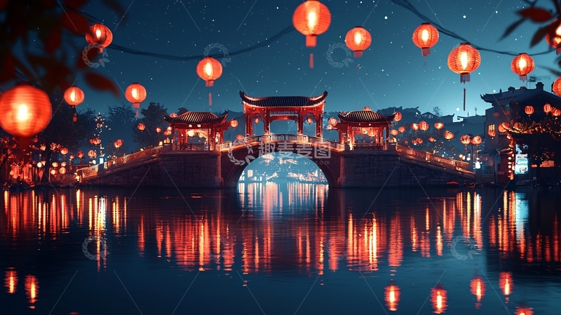 高清大图下载【趣麦麦图】夜景古桥红灯笼