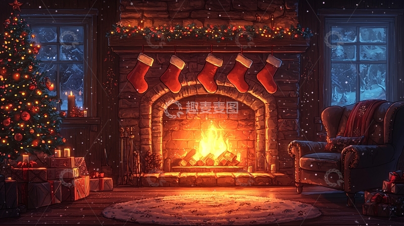 高清大图下载【趣麦麦图】圣诞节壁炉