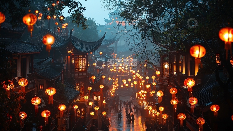 高清大图下载【趣麦麦图】夜晚古镇红灯笼