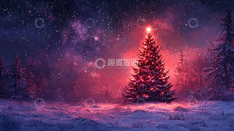 高清大图下载【趣麦麦图】梦幻圣诞树雪地星空
