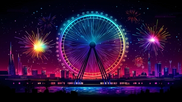 霓虹摩天轮烟火夜景