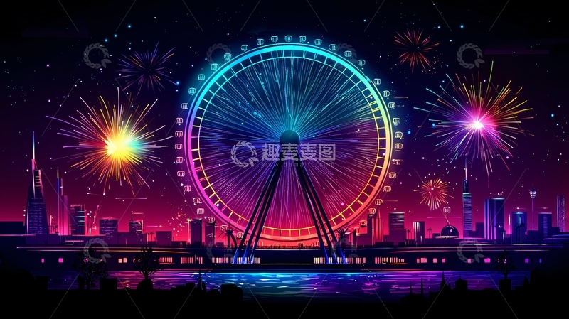 高清大图下载【趣麦麦图】霓虹摩天轮烟火夜景