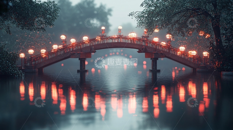 高清大图下载【趣麦麦图】雾中红桥