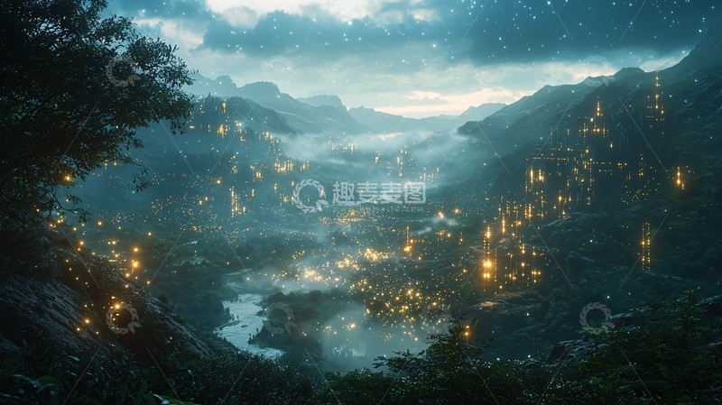 高清大图下载【趣麦麦图】山谷中神秘的灯光之城