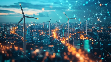 夜幕下的城市风力发电