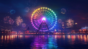 夜晚摩天轮烟火秀