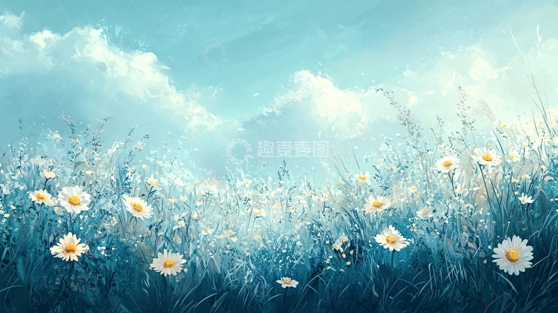 高清大图下载【趣麦麦图】蓝天白云下的雏菊花田