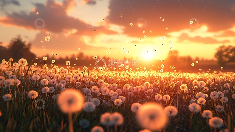 高清大图下载【趣麦麦图】夕阳下蒲公英田野
