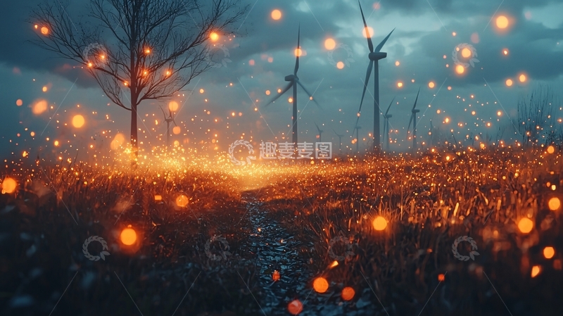高清大图下载【趣麦麦图】梦幻萤火风力发电站