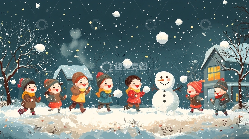 高清大图下载【趣麦麦图】冬日儿童玩雪场景