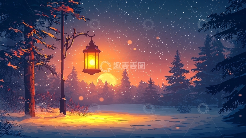 高清大图下载【趣麦麦图】冬日雪景温暖灯笼