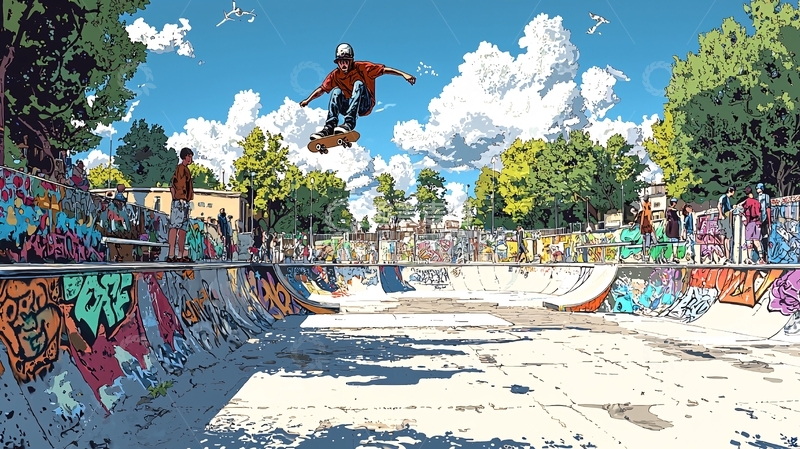 高清大图下载【趣麦麦图】阳光下滑板少年飞跃