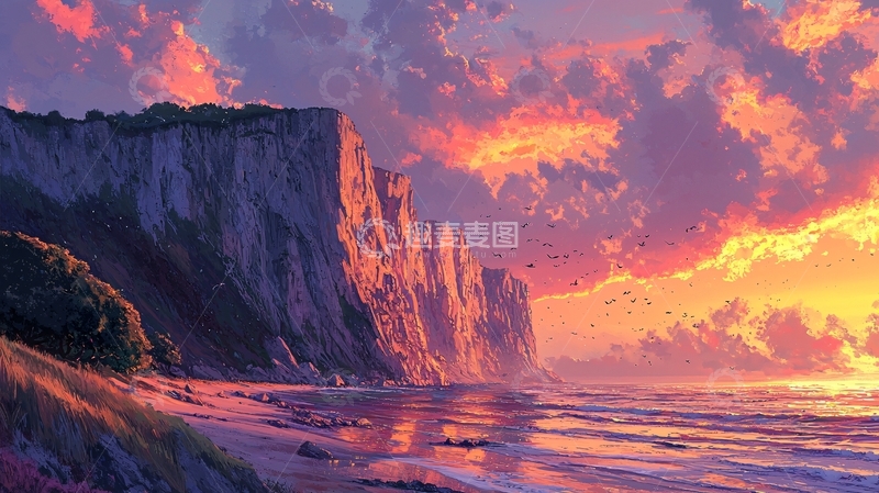 高清大图下载【趣麦麦图】极美日落悬崖海岸线