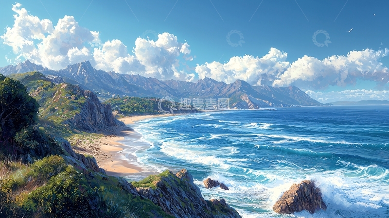 高清大图下载【趣麦麦图】阳光沙滩海景山脉