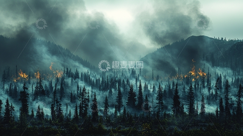 高清大图下载【趣麦麦图】浓雾山林大火景象