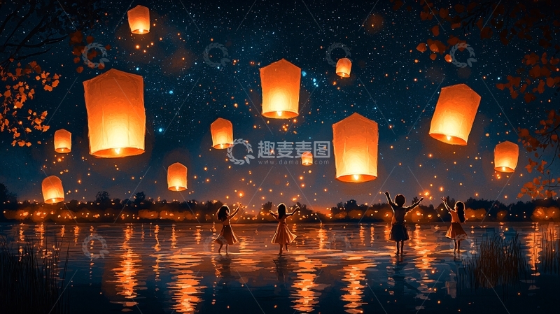 高清大图下载【趣麦麦图】夜空中飞舞的孔明灯