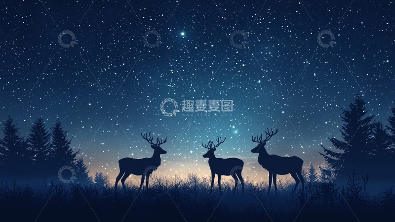 高清大图下载【趣麦麦图】星空下三只鹿的剪影