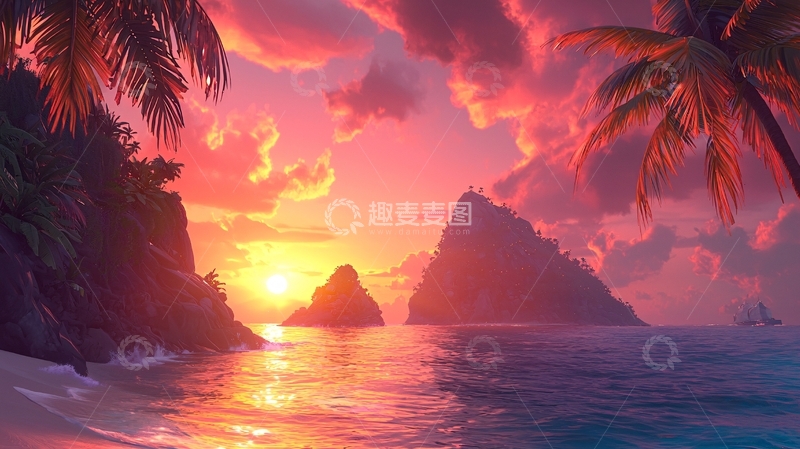 高清大图下载【趣麦麦图】热带海滩落日晚霞