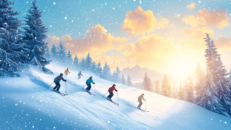 高清大图下载【趣麦麦图】雪山滑雪日落景色