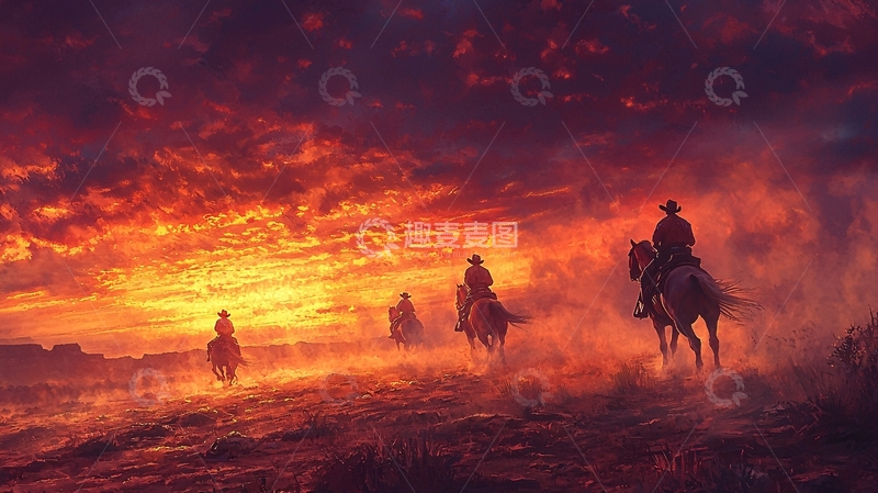 高清大图下载【趣麦麦图】骑马日落剪影