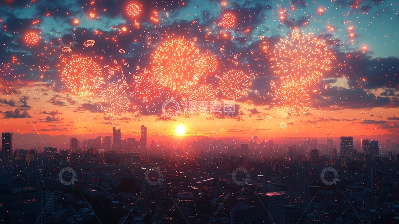 高清大图下载【趣麦麦图】绚丽多彩的城市烟火晚霞