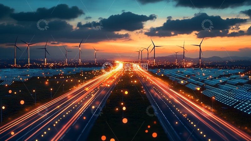高清大图下载【趣麦麦图】风力发电场日落高速公路夜景