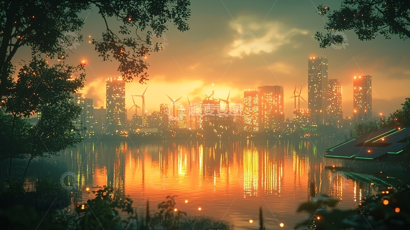 高清大图下载【趣麦麦图】黄昏都市湖景