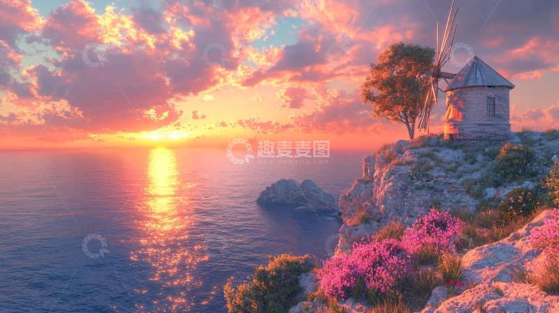 高清大图下载【趣麦麦图】海边日落风车小屋
