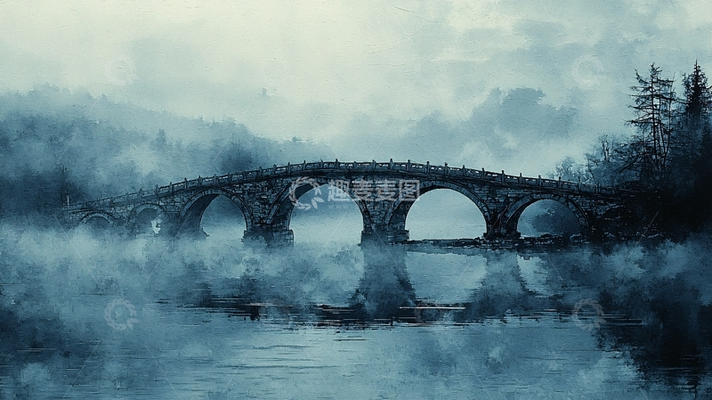 高清大图下载【趣麦麦图】雾气弥漫的古桥