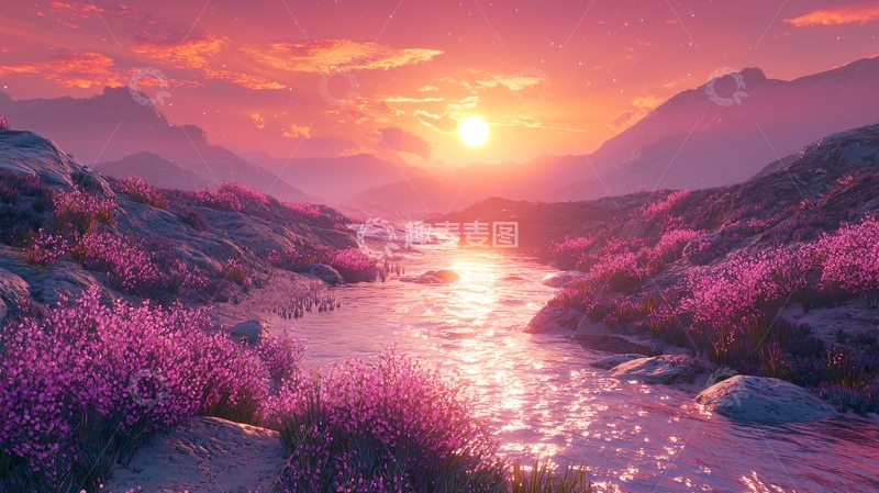 高清大图下载【趣麦麦图】梦幻粉色日落山谷