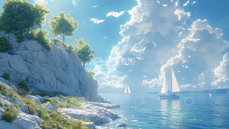 高清大图下载【趣麦麦图】晴朗天空下的海岸风光