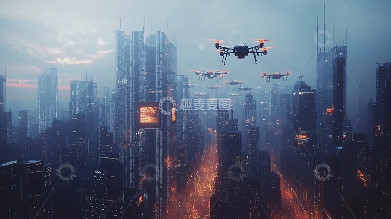 高清大图下载【趣麦麦图】未来城市中的无人机群